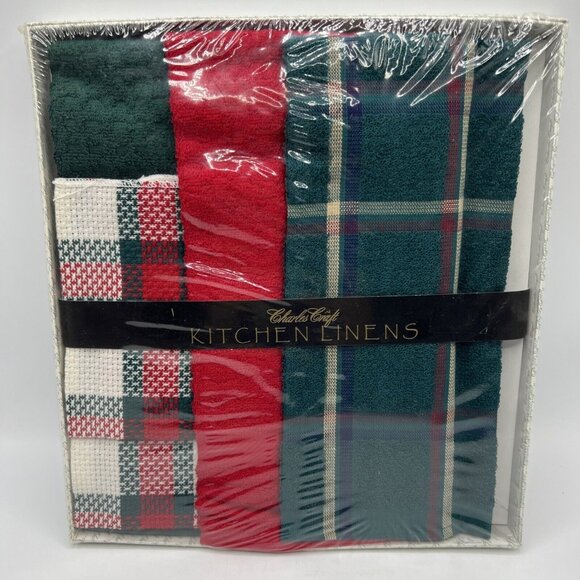 Charles Craft Kitchen Linens Red Green Christmas Dish Towels Plaid - Picture 1 of 6